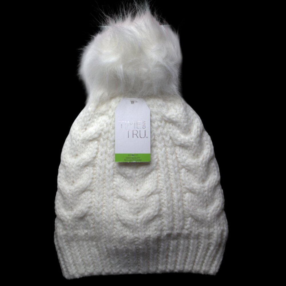 Time and Tru | Women's Cable Pom Beanies | One Size | One White & One Black